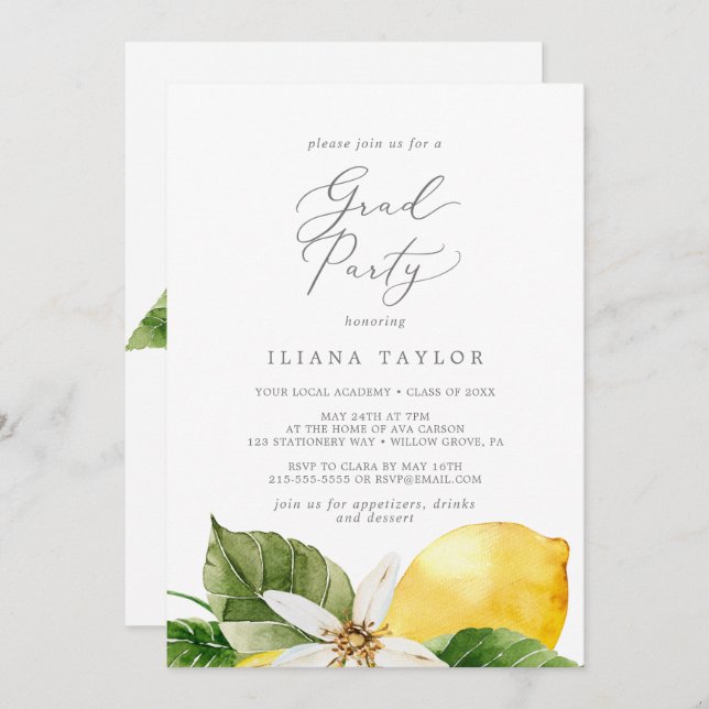 Modern Lemon Garden Grad Party Invitation (Front/Back)
