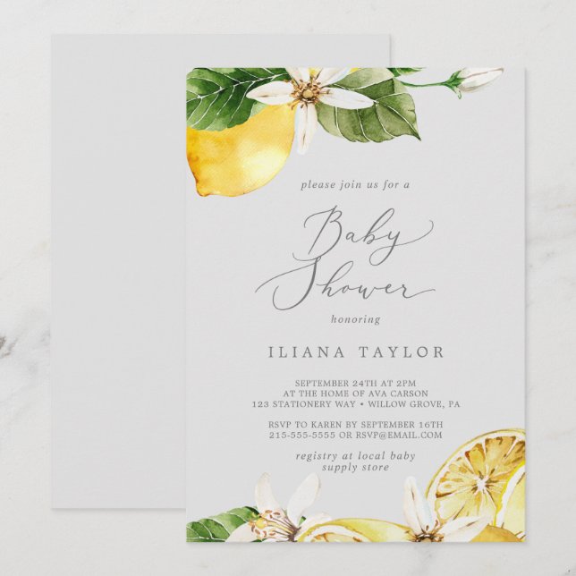 Modern Lemon Garden | Grey Baby Shower Invitation (Front/Back)