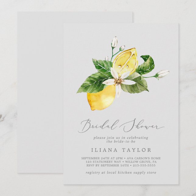 Modern Lemon Garden | Grey Bridal Shower Invitation (Front/Back)