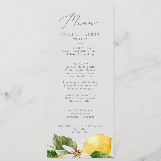 Modern Lemon Garden | Grey Wedding Dinner Menu (Front)
