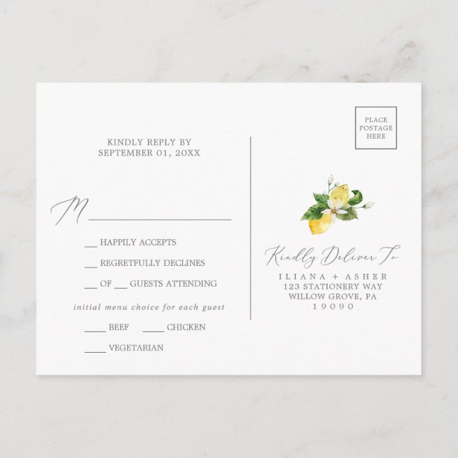 Modern Lemon Garden Menu RSVP Postcard (Back)