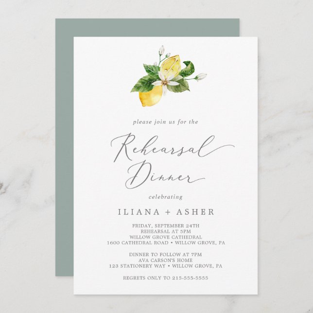 Modern Lemon Garden Rehearsal Dinner Invitation (Front/Back)