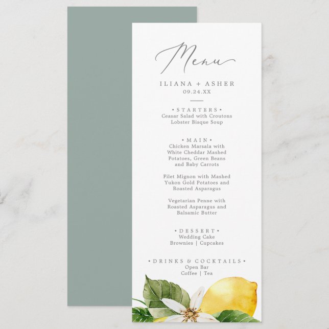 Modern Lemon Garden Wedding Dinner Menu (Front/Back)