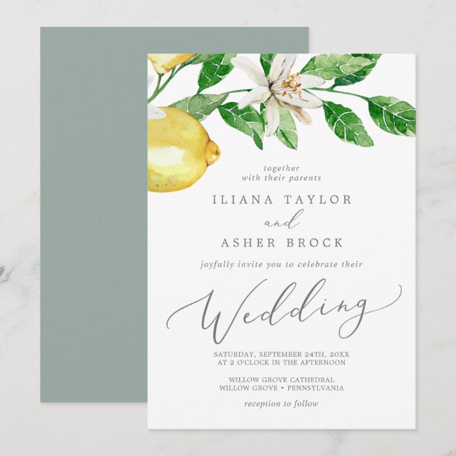 Modern Lemon Garden Wedding Invitation (Front/Back)