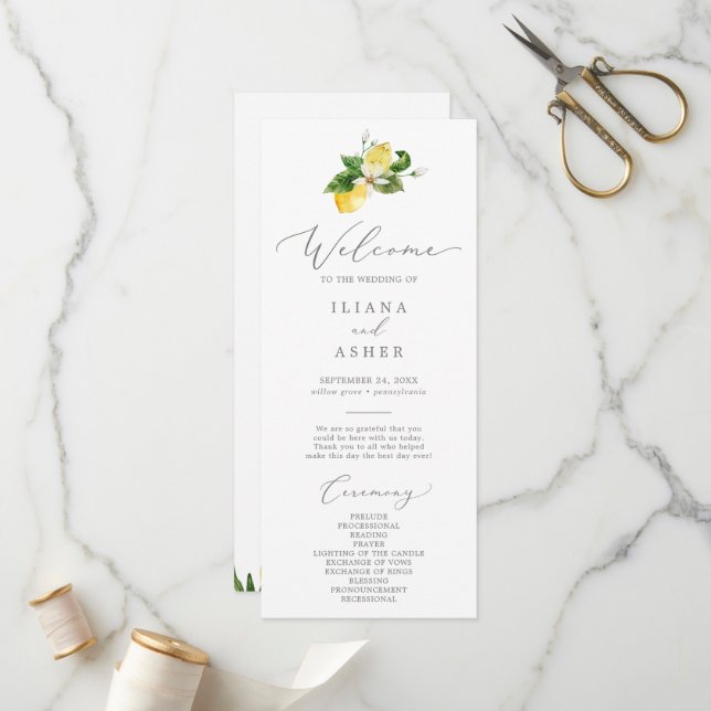 Modern Lemon Garden Wedding Program Programme (Front/Back In Situ)