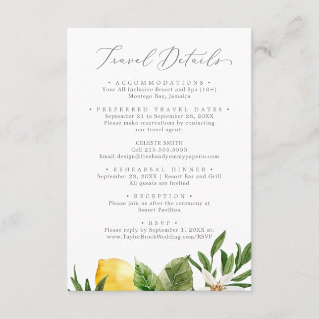 Modern Lemon Garden Wedding Travel Details Enclosure Card (Front)