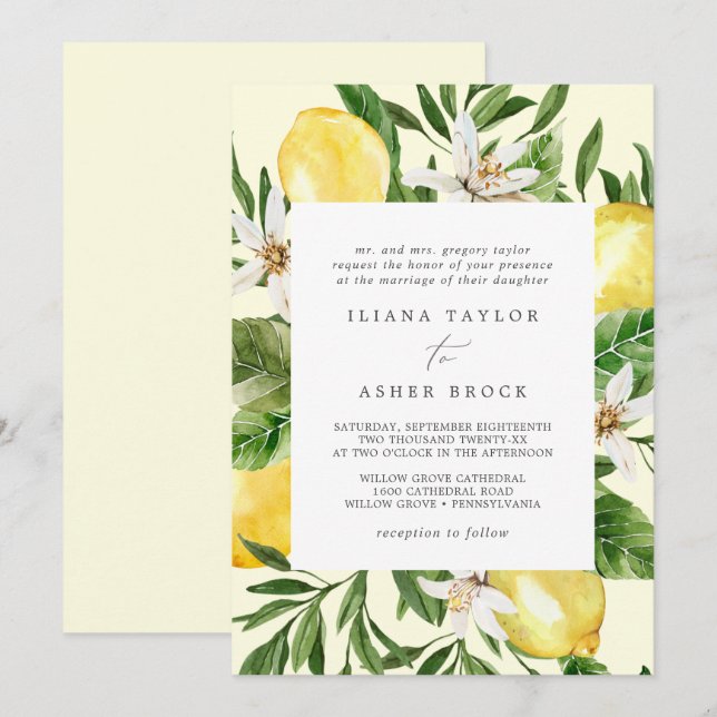 Modern Lemon Garden | Yellow Wedding Invitation (Front/Back)