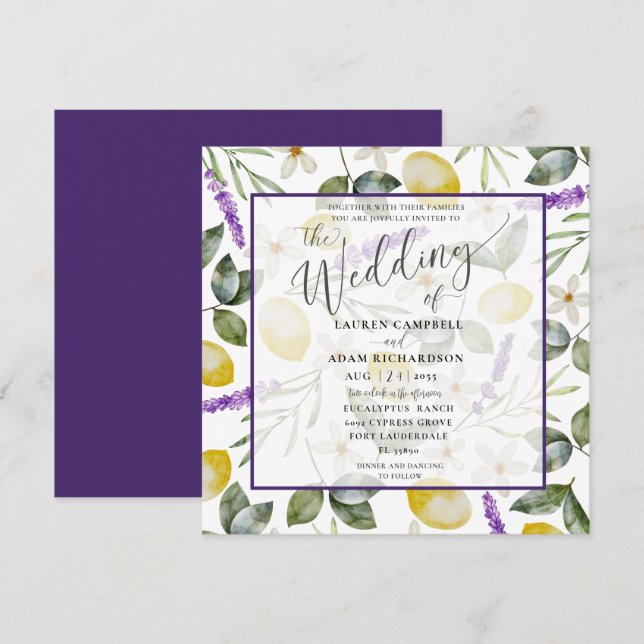 Modern Lemon & Lavender Foliage Wedding Invitation (Front/Back)
