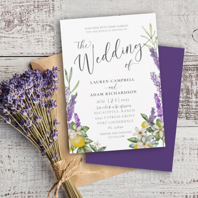 Modern Lemon & Lavender Foliage Wedding Invitation (Creator Uploaded)