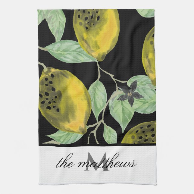 Modern Lemon Leaves Monogrammed Family Name  Tea Towel (Vertical)