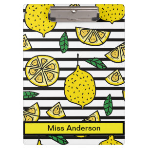 Modern Lemon Patten on Black and White Striped  Clipboard