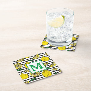 Modern Lemon Pattern Monogram Square Paper Coaster