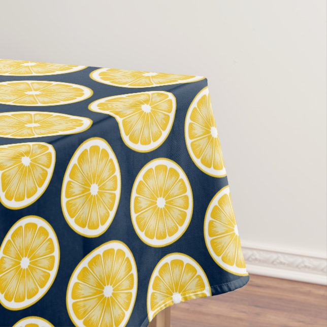 Modern Lemon Slice Navy Blue & Yellow Tablecloth (In Situ)