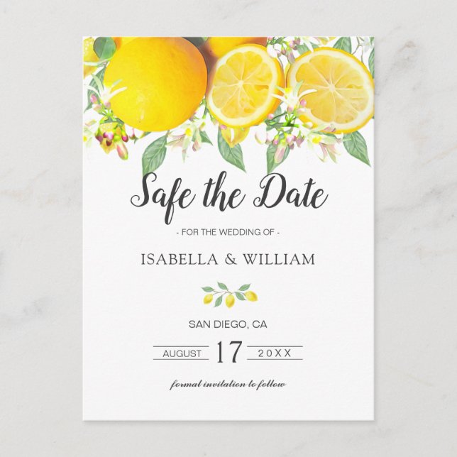 Modern Lemon Summer Wedding Save the Date Announcement Postcard (Front)