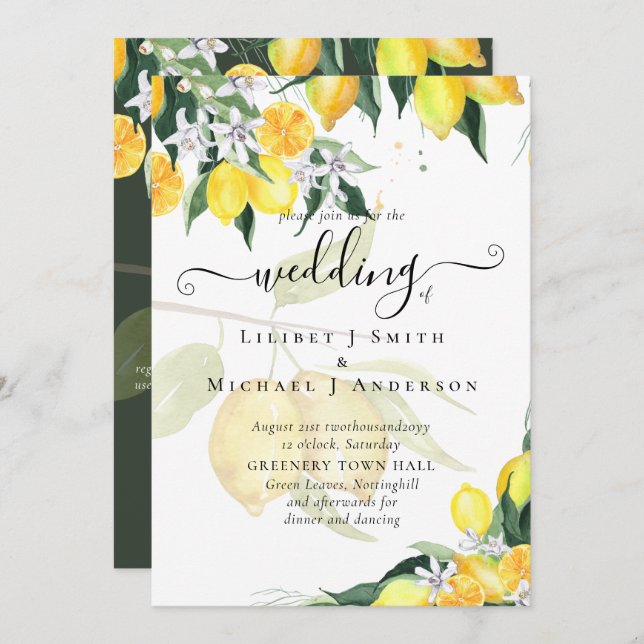 Modern Lemon Tree Wedding Invite Elegant (Front/Back)