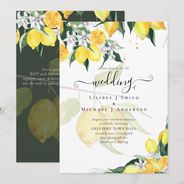 Modern Lemon Tree Wedding Invite Elegant (Front/Back)