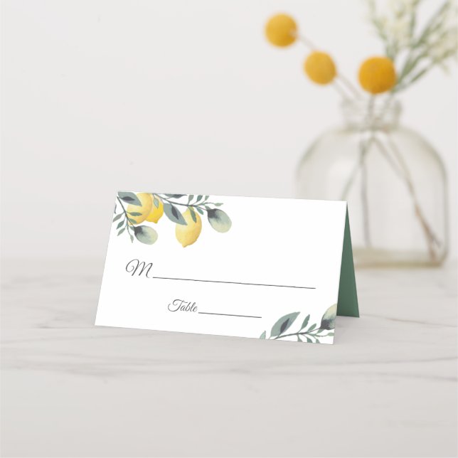 Modern Lemon & Watercolor Floral Wedding Place Card (Front)