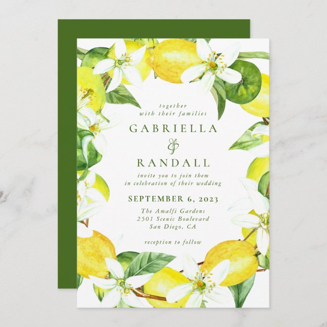 Modern Lemon Watercolor Wedding Invitation (Front/Back)