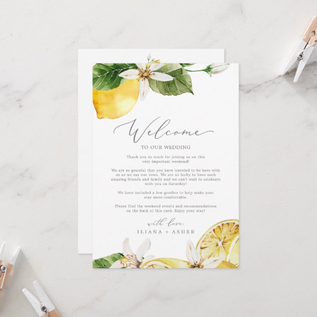 Modern Lemon Wedding Welcome Letter & Itinerary (Front/Back In Situ)