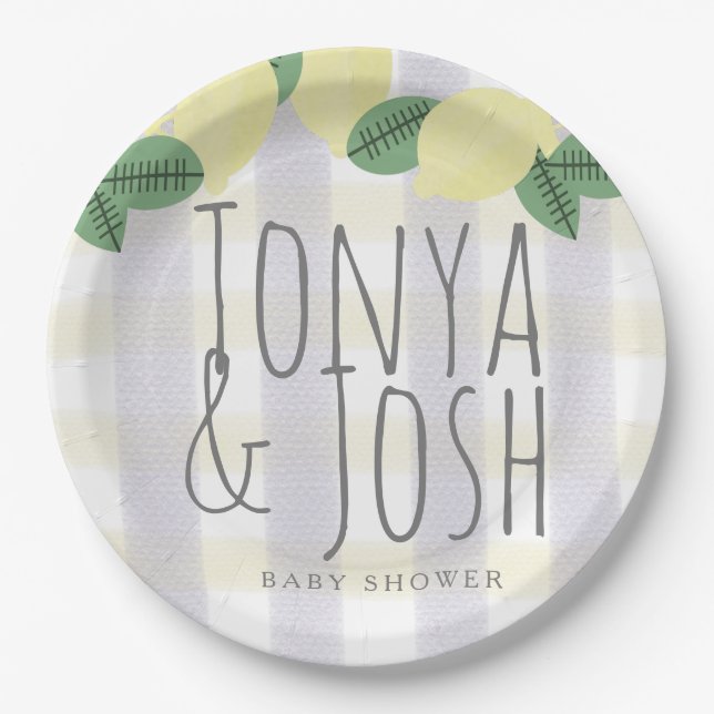 Modern Lemon Wreath Citrus Yellow Grey Paper Plate (Front)