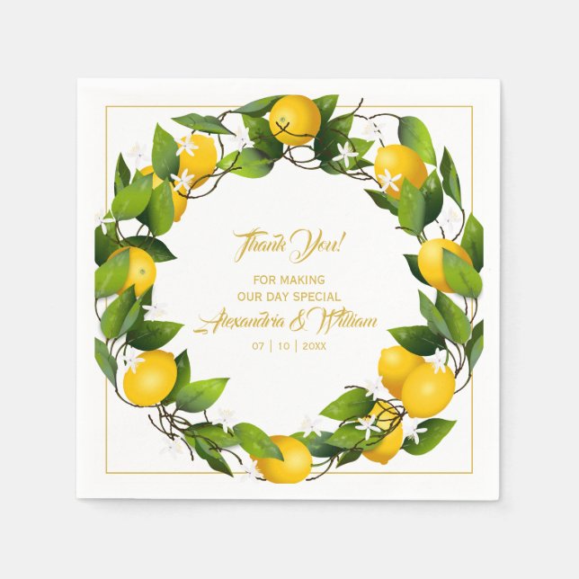 Modern Lemon Wreath Thank You | Wedding Napkin (Front)