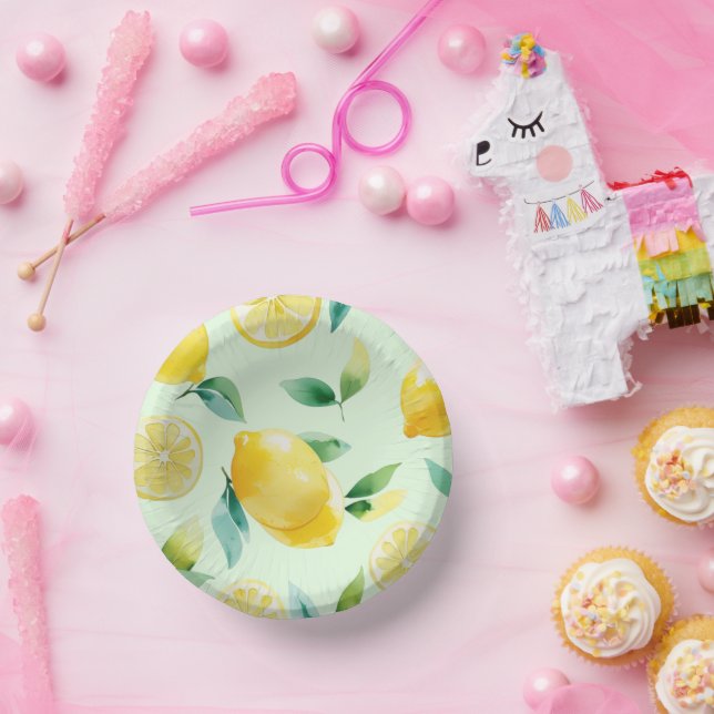 Modern lemon yellow floral script bridal shower paper plate (Party)