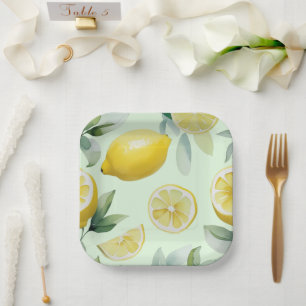 Modern lemon yellow floral script bridal shower paper plate
