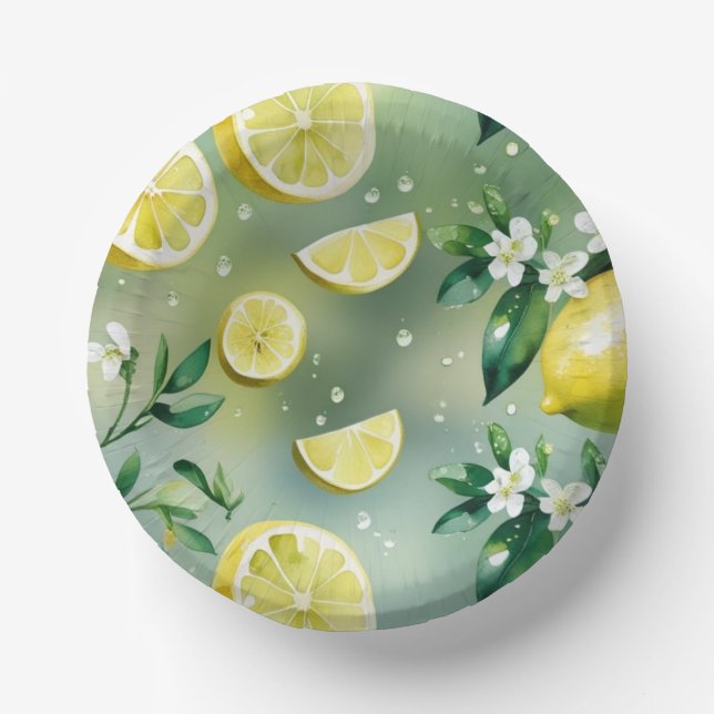 Modern lemon yellow floral script bridal shower paper plate (Front)
