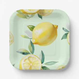 Modern lemon yellow floral script bridal shower paper plate