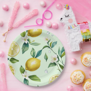 Modern lemon yellow floral script bridal shower paper plate