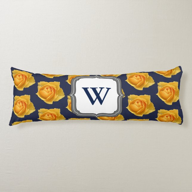 Modern Lemon Yellow Roses & Navy Initial Letter Body Cushion (Front)