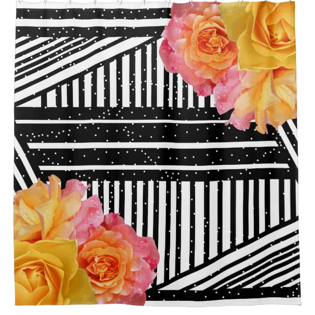 Modern Lemonade Roses Black & White Stripes Shower Curtain (Front)