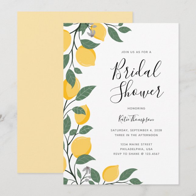Modern Lemons and Leaves Calligraphy Bridal Shower Invitation (Front/Back)