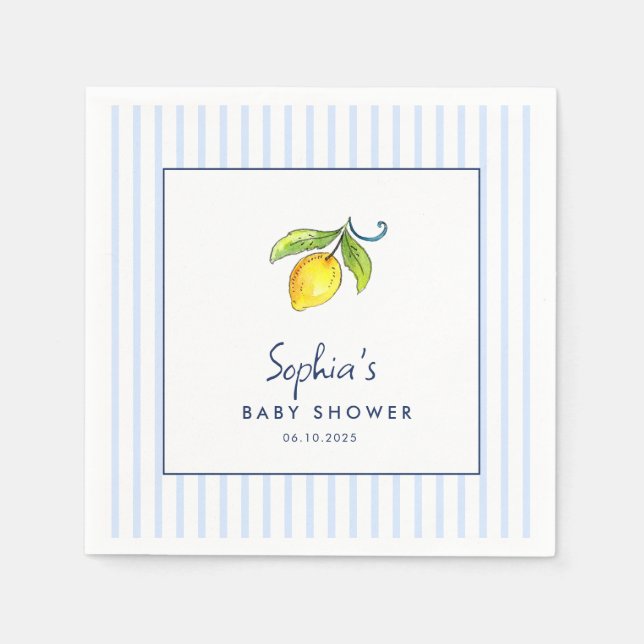 Modern lemons Blue stripes Baby shower Napkin (Front)