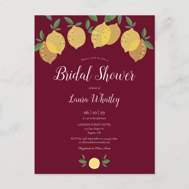 Modern Lemons Burgundy Bridal Shower Invitation (Front)