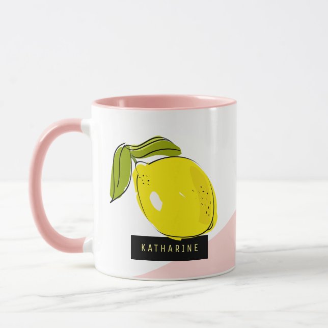 Modern Lemons Pink & White Blocks Mug (Left)