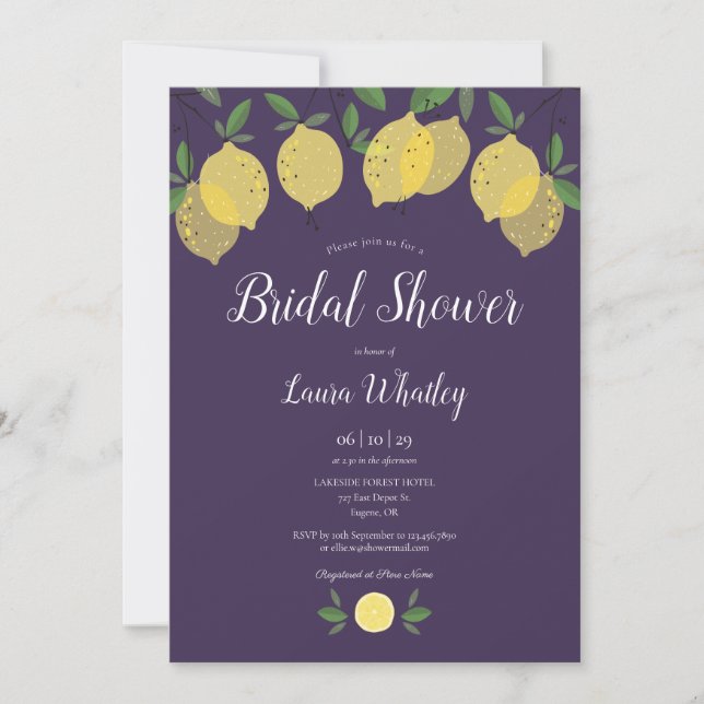 Modern Lemons Purple Bridal Shower Invitation (Front)
