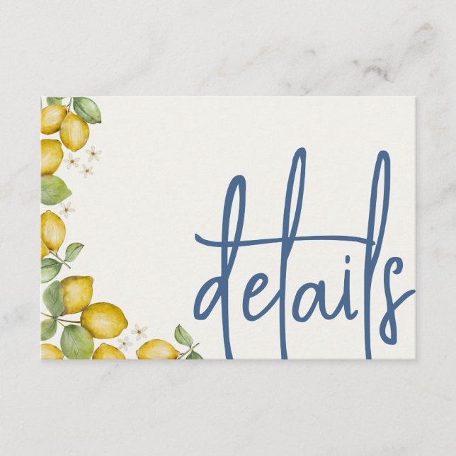 Modern Lemons Yellow & Blue Wedding Details Enclosure Card (Front)