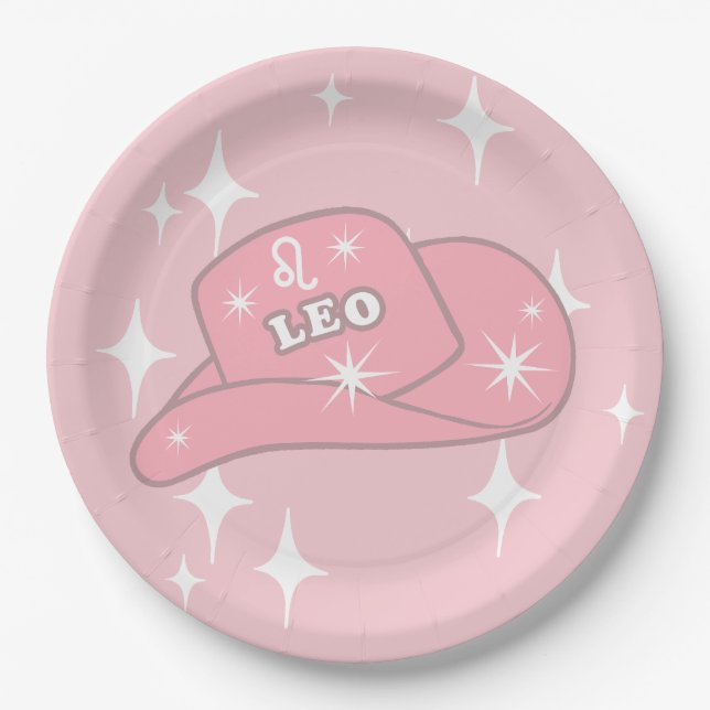 Modern Leo Zodiac Pink Cowgirl Hat Party   Paper Plate (Front)