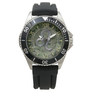 Modern Leo Zodiac Sign on Green Digital Camo Dial Watch