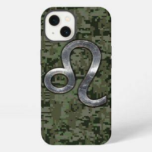 Modern Leo Zodiac Sign on Green Digital Camo iPhone 13 Case