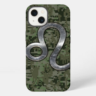 Modern Leo Zodiac Sign on Green Digital Camo iPhone 13 Case