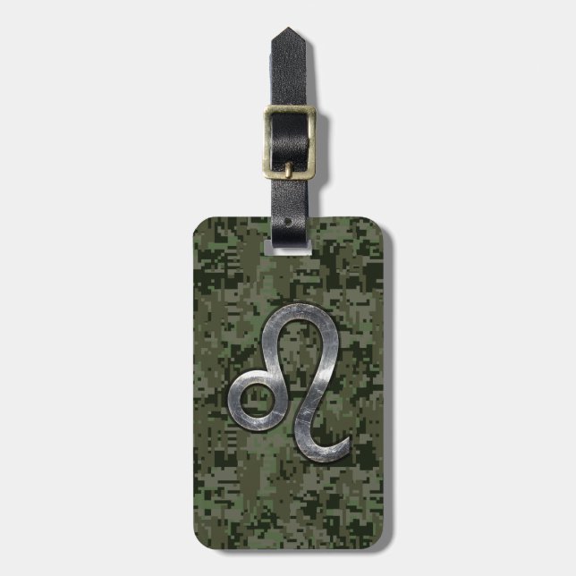 Modern Leo Zodiac Sign on Green Digital Camo Luggage Tag (Front Vertical)