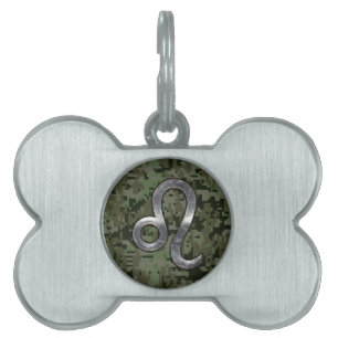 Modern Leo Zodiac Sign on Green Digital Camo Pet ID Tag