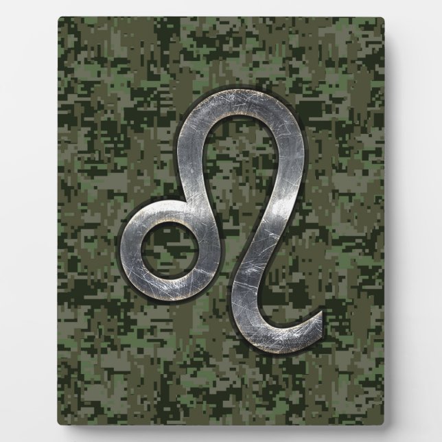 Modern Leo Zodiac Sign on Green Digital Camo Plaque (Front)