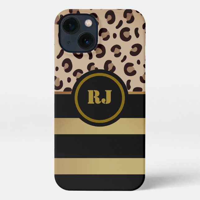 Modern Leonard Print Gold Black Stripes Monogram  iPhone Case (Back)