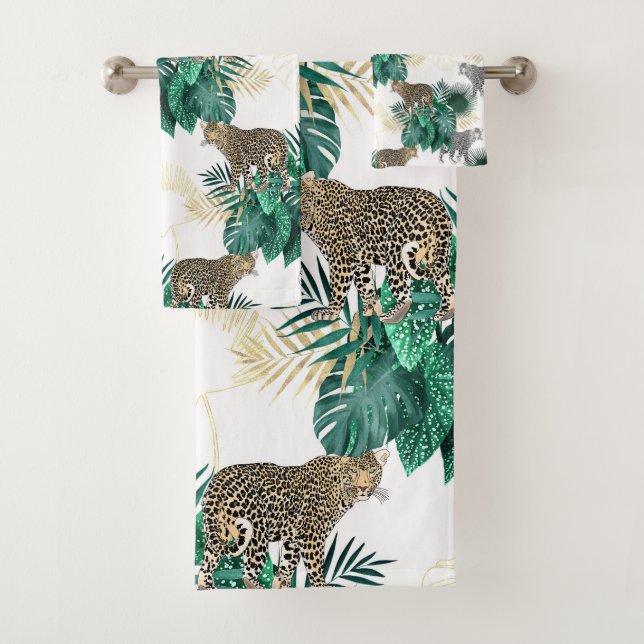 Modern leopard and tropical leaves design bath towel set (Insitu)