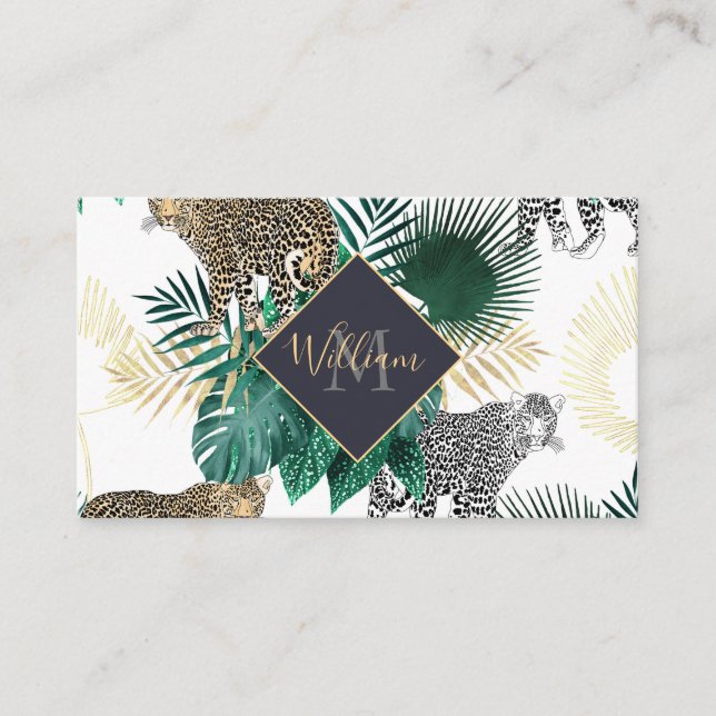 Modern leopard and tropical leaves design business card (Front)