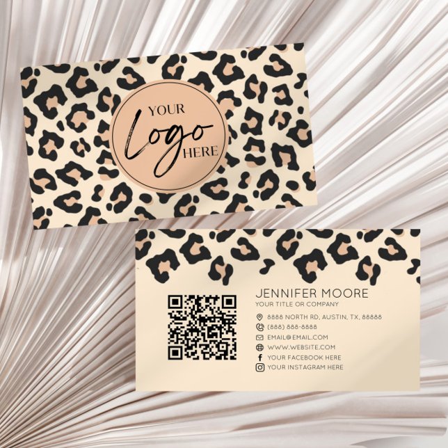 Modern Leopard Cheetah Custom Company Logo QR Code Business Card (Creator Uploaded)