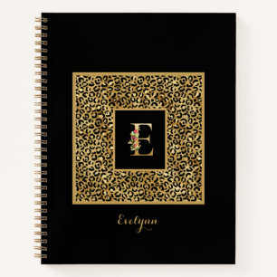 Modern Leopard Gold Personal Monogram Letter E Notebook